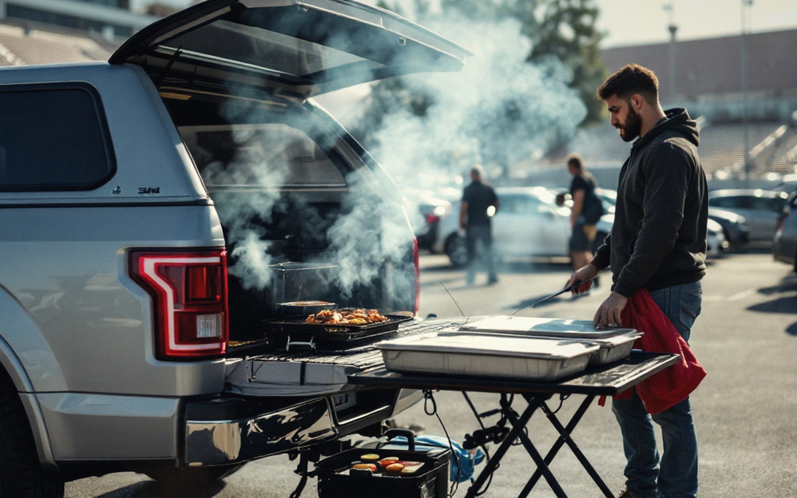 A tailgate down with a grill running beside it